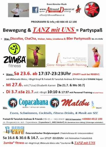 Bewegung & TANZ mit UNS = PARTYSPASS mit Zumba auf der Copacabana am Sa 23.6 & Mi 27.6. ab 17:37 bei jedem Wetter (1)